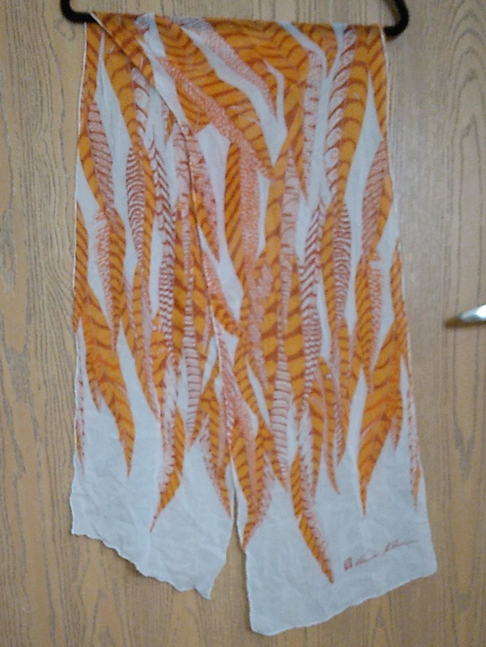 Vintage Anne Klein 80s Silk Orange and White Feather Oblong Scarf